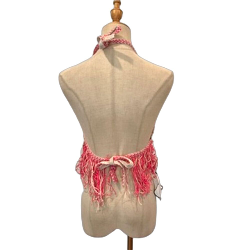 Marco Rambaldi Ssense Pink Crochet Halter Top Fringe Hem NEW NWT L Cotton Linen - Picture 2 of 9